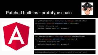Patched built-ins - prototype chain
var _addEventListener1 = XMLHttpRequest.prototype.addEventListener
XMLHttpRequest.prototype.addEventListener = function() {
// Angular interloping code
_addEventListener1.apply(this, arguments)
}
var _addEventListener2 = EventTarget.prototype.addEventListener
EventTarget.prototype.addEventListener = function() {
// Boomerang interloping code
_addEventListener2.apply(this, arguments)
}
xhrInstance.addEventListener(...) // never delegates to Boomerang’s patch
 