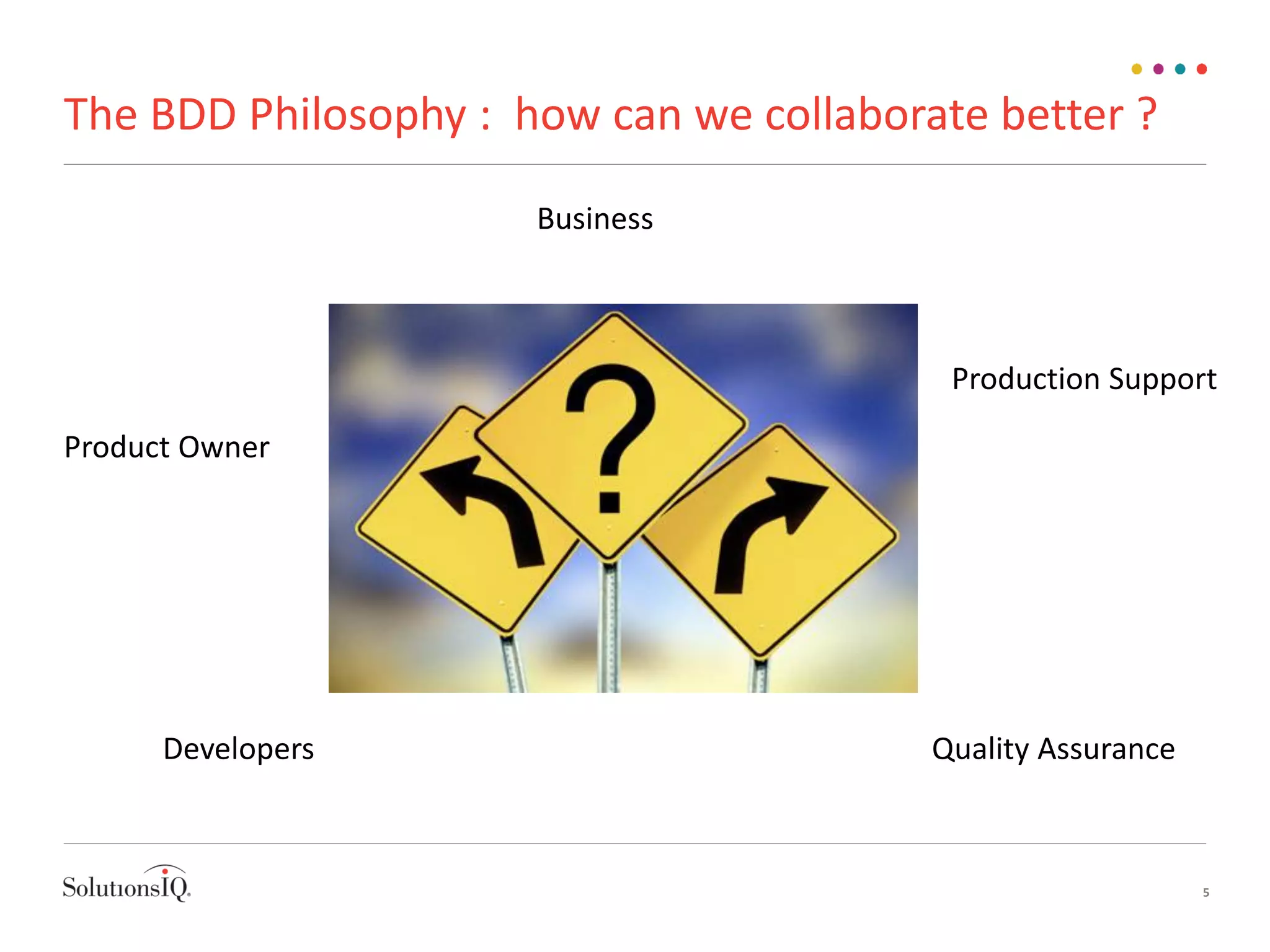 The BDD Philosophy : how can we collaborate better ?
5
Product Owner
Developers Quality Assurance
Production Support
Business
 