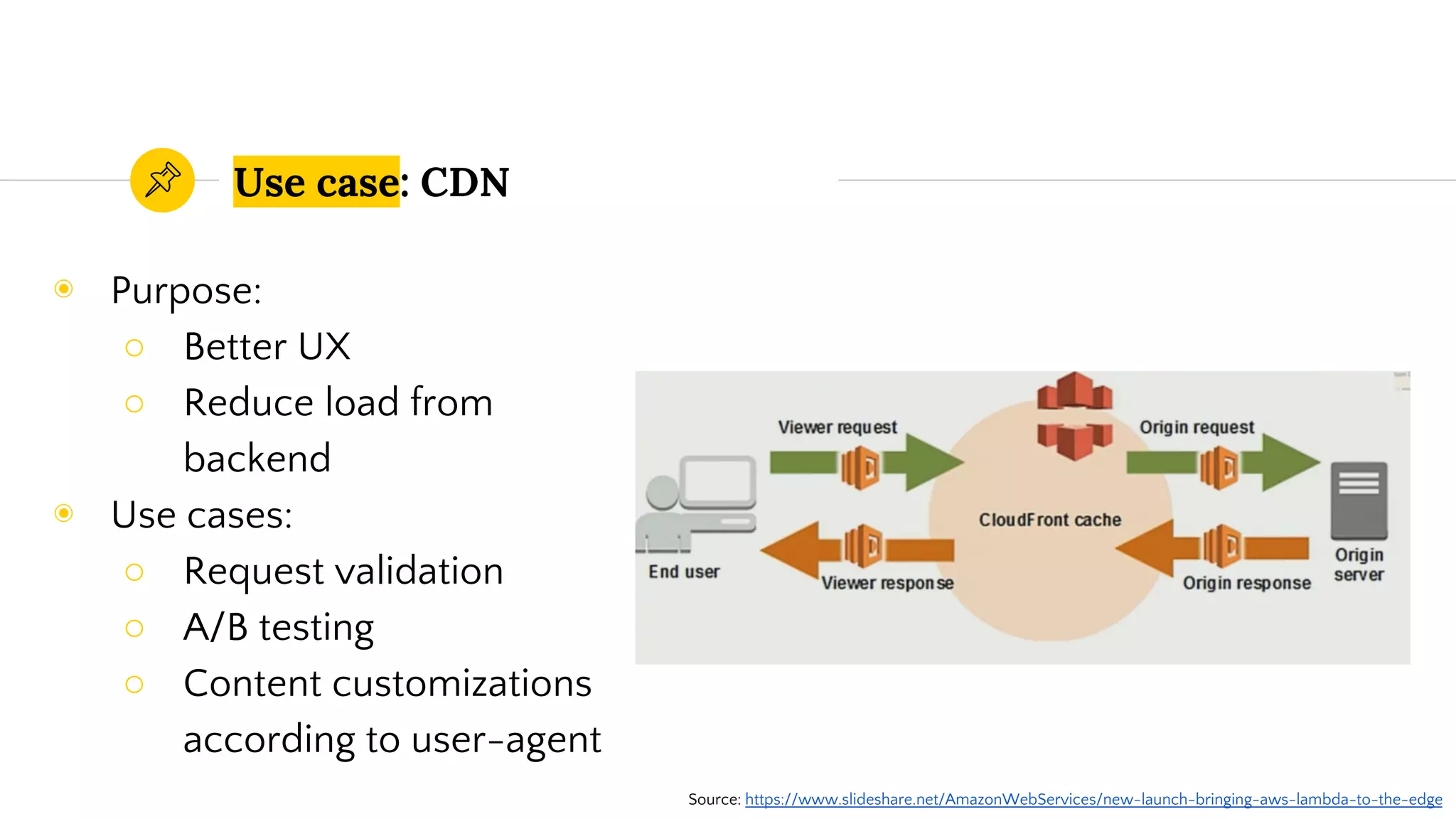 Use case: CDN
Source: https://www.slideshare.net/AmazonWebServices/new-launch-bringing-aws-lambda-to-the-edge
◉ Purpose:
○ Better UX
○ Reduce load from
backend
◉ Use cases:
○ Request validation
○ A/B testing
○ Content customizations
according to user-agent
 