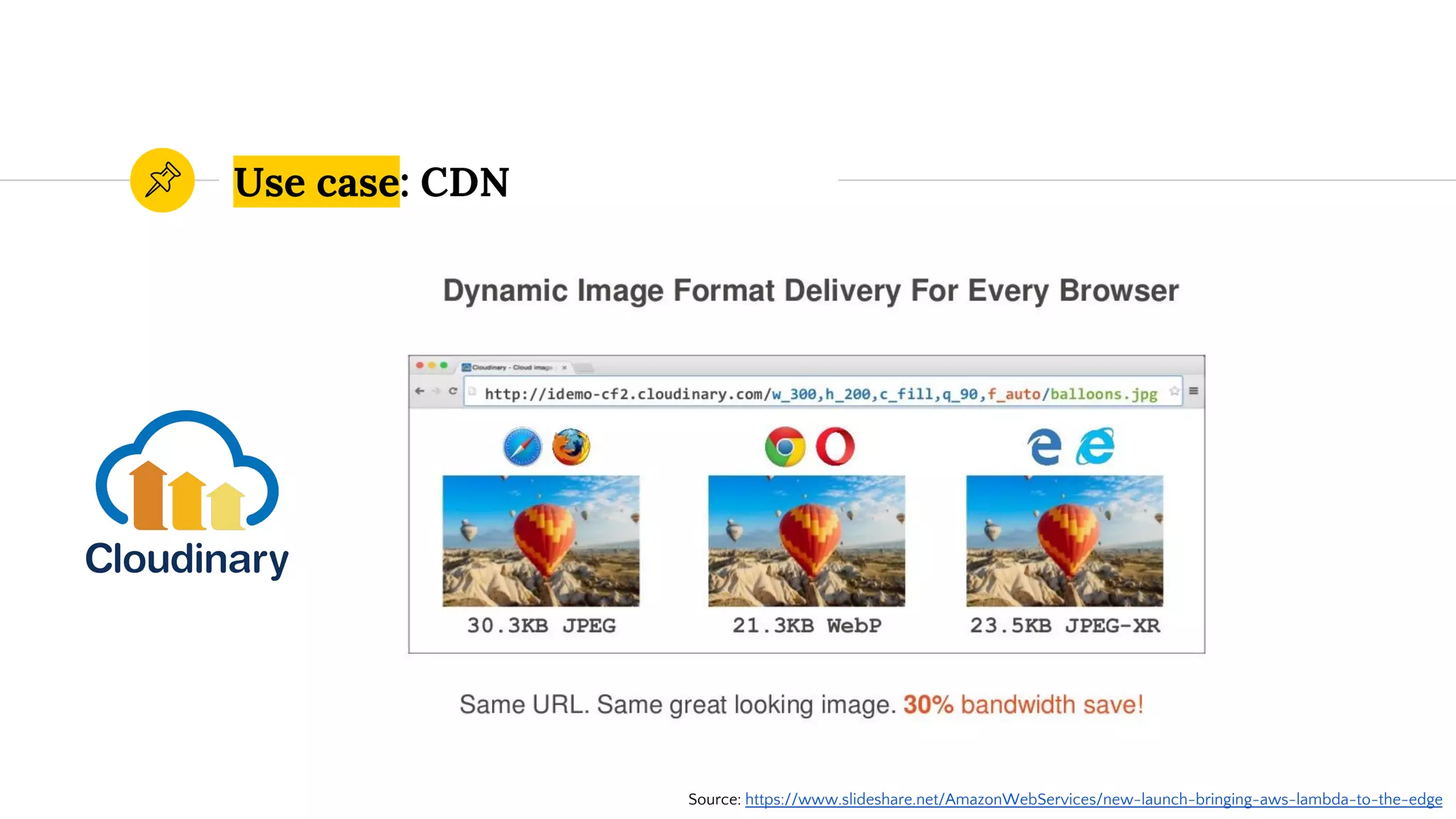 Use case: CDN
Source: https://www.slideshare.net/AmazonWebServices/new-launch-bringing-aws-lambda-to-the-edge
 