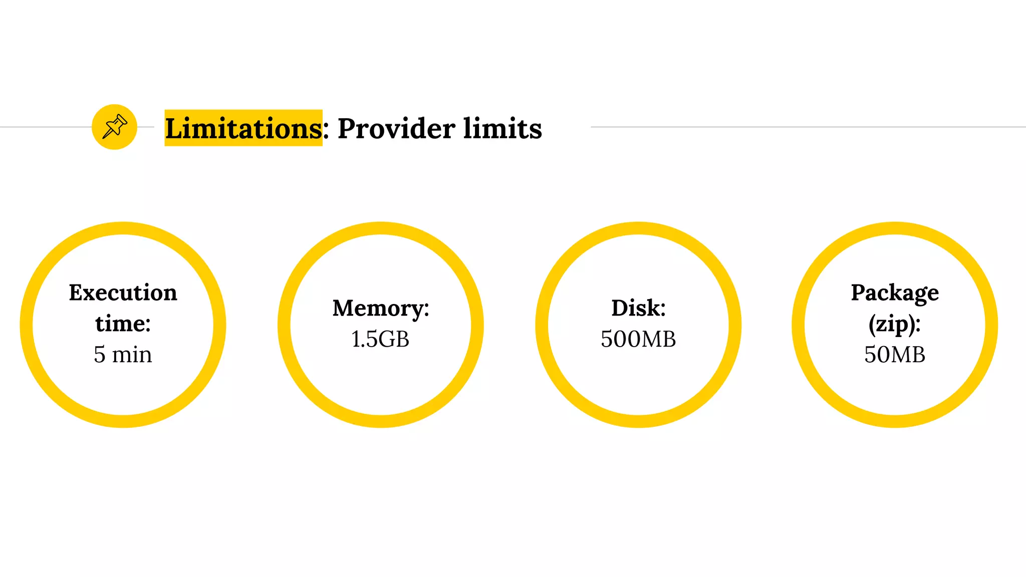 Execution
time:
5 min
Memory:
1.5GB
Disk:
500MB
Package
(zip):
50MB
Limitations: Provider limits
 