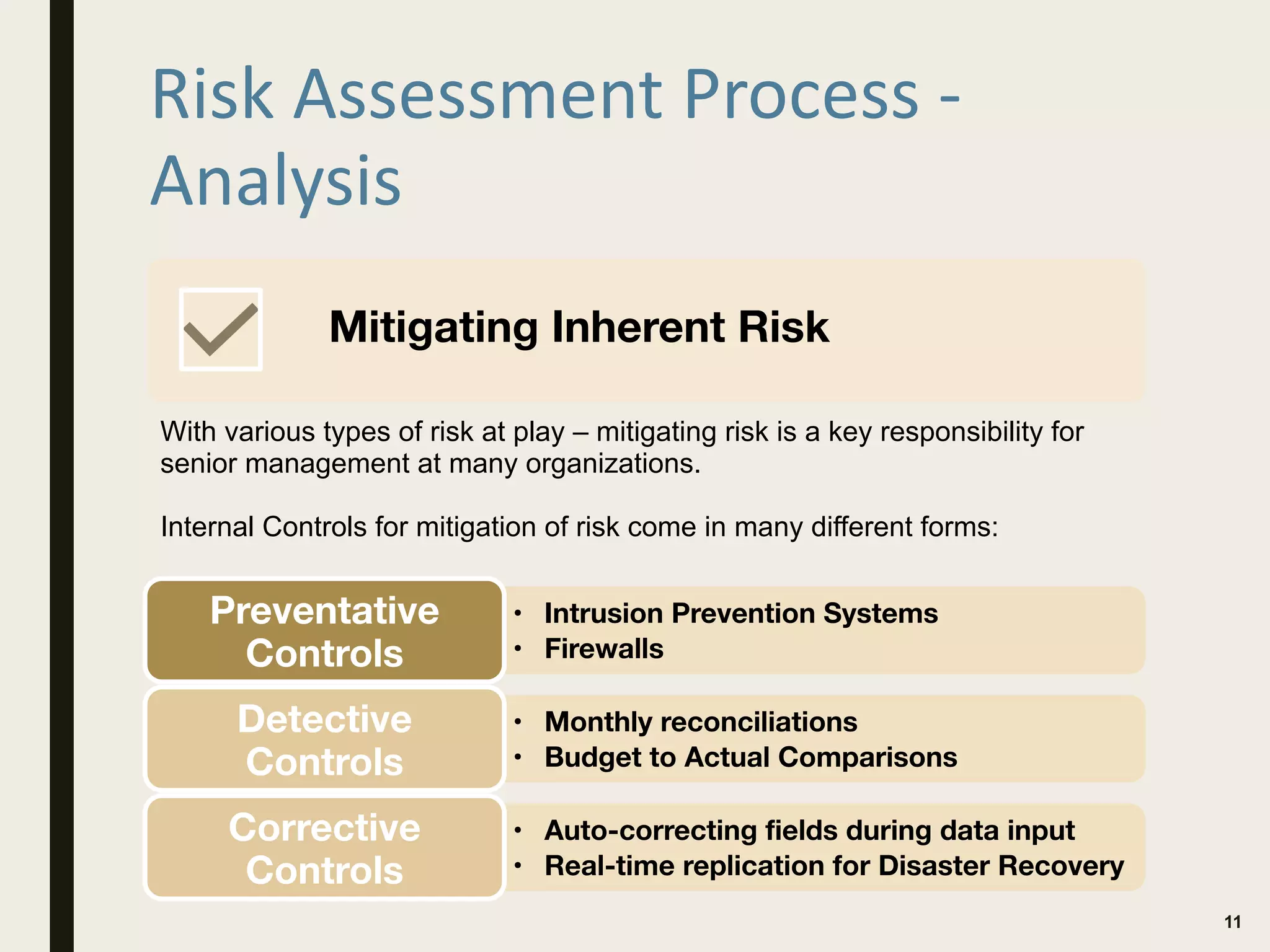 Risk Assessment Process -
Analysis
11
Mitigating Inherent Risk
With various types of risk at play – mitigating risk is a key responsibility for
senior management at many organizations.
Internal Controls for mitigation of risk come in many different forms:
• Intrusion Prevention Systems
• Firewalls
Preventative
Controls
• Monthly reconciliations
• Budget to Actual Comparisons
Detective
Controls
• Auto-correcting fields during data input
• Real-time replication for Disaster Recovery
Corrective
Controls
 