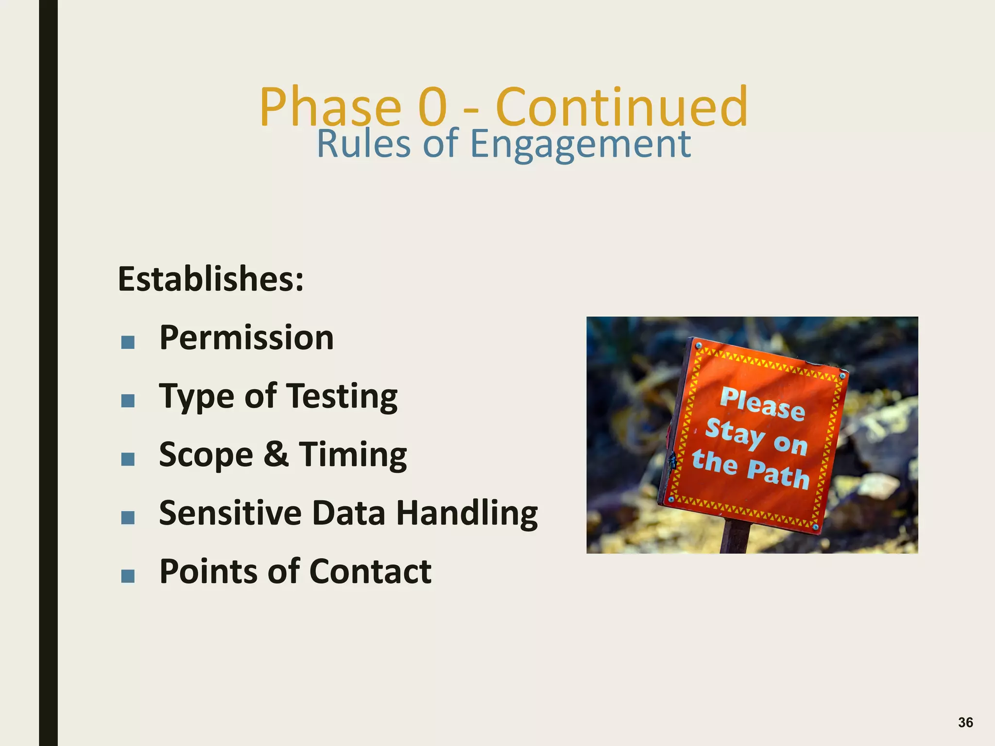 Phase 0 - Continued
Establishes:
■ Permission
■ Type of Testing
■ Scope & Timing
■ Sensitive Data Handling
■ Points of Contact
36
Rules of Engagement
 