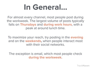 TrackMaven
For almost every channel, most people post during
the workweek. The largest volume of posts typically
falls on Thursdays and during work hours, with a
peak at around lunch time.
!
To maximize your reach, try posting in the evening
and on the weekends, when people interact most
with their social networks.
!
The exception is email, which most people check
during the workweek.
In General…
 