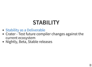 STABILITY
Crater - Test future compiler changes against the
current ecosystem
Nightly, Beta, Stable releases
Stability as a Deliverable
8
 
