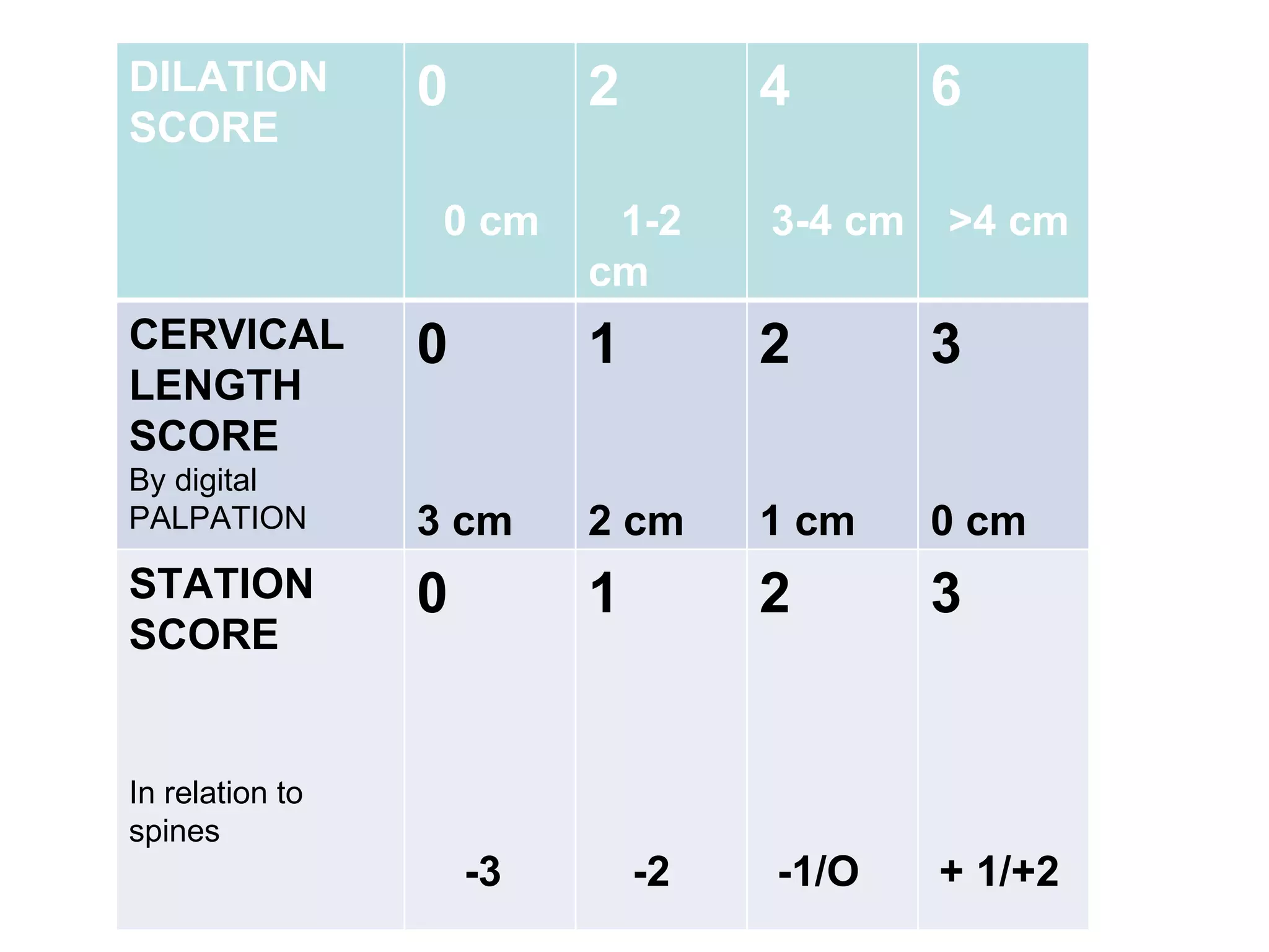 DILATION  SCORE 0   0 cm 2 1-2 cm 4 3-4 cm 6 >4 cm CERVICAL LENGTH SCORE By digital  PALPATION 0 3 cm 1 2 cm 2 1 cm 3 0 cm STATION SCORE In relation to spines 0 -3 1 -2 2 -1/O 3 + 1/+2 