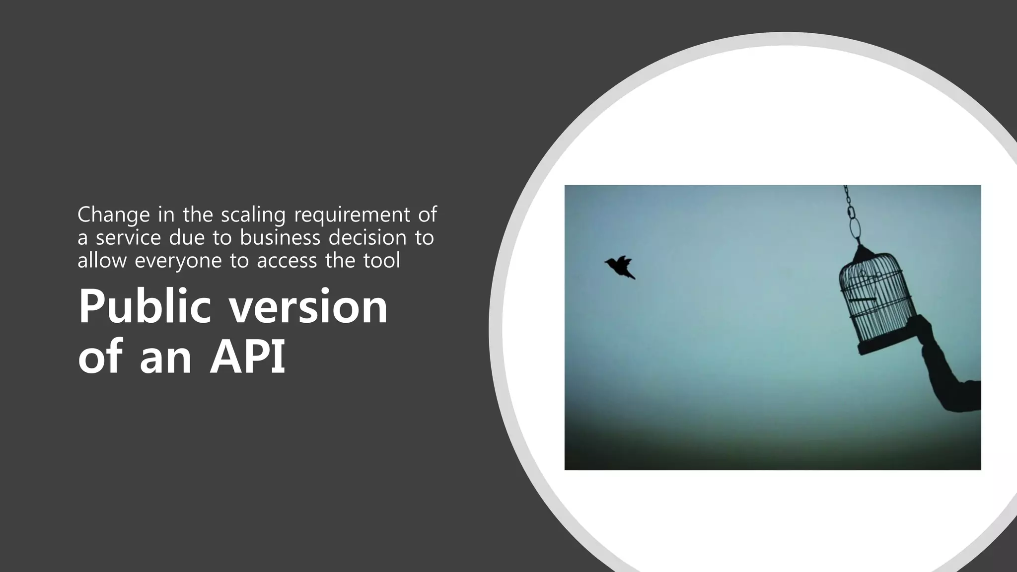 Public version
of an API
Change in the scaling requirement of
a service due to business decision to
allow everyone to access the tool
 