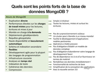 Atouts de MongoDB
• Duplication directe
• Performances élevées sur les charges
de travail mixtes pour les lectures,
écritures et mises à jour
• Montée en charge à la demande
• Déploiements géodépendants
• Requêtes géospatiales
• Haute disponibilité et basculement
automatique
• Schéma et indexation secondaire
flexibles
• Développement agile pour la plupart
des langages de programmation
• Infrastructure courante
• Analyses en temps réel
• Indexation de texte
• Cohérence des données
• Compression
Quels sont les points forts de la base de
données MongoDB ?
Simple à initialiser
Toutes les lectures, mixtes et surtout les
écritures
Pas de surprovisionnement coûteux
Un cluster peut s'étendre à un niveau mondial
Facilite le développement d'applications
mobiles pertinentes
Opérations à faible pression
Pas d'obligation d'établir un modèle de
données complexe
Pas d'obligation d'abandonner votre langage de
développement favori
Pas de dépendance vis-à-vis d'un fournisseur en
termes de matériel
Rentabilisez vos données immédiatement !
Fonctionnalité de recherche de base
Simplification de la conception des applications
Avec la nouvelle version 3.0
 