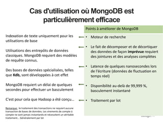 Points à améliorer de MongoDB
• Moteur de recherche
• Le fait de décomposer et de décortiquer
des données de façon imprévue requiert
des jointures et des analyses complètes
• Latence de quelques nanosecondes lors
de l'écriture (données de fluctuation en
temps réel)
• Disponibilité au-delà de 99,999 %,
basculement instantané
• Traitement par lot
Cas d'utilisation où MongoDB est
particulièrement efficace
Indexation de texte uniquement pour les
utilisations de base
Utilisations des entrepôts de données
classiques. MongoDB requiert des modèles
de requête connus.
Des bases de données spécialisées, telles
que Kdb, sont développées à cet effet
MongoDB requiert un délai de quelques
secondes pour effectuer un basculement
C'est pour cela que Hadoop a été conçu…
Remarque : le traitement des transactions ne requiert aucune
transaction de bases de données. Les virements de compte à
compte ne sont jamais instantanés et nécessitent un véritable
traitement... Généralement par lot
 