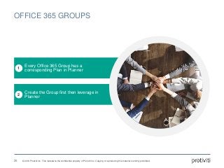© 2016 Protiviti Inc. This material is the confidential property of Protiviti Inc. Copying or reproducing this material is strictly prohibited.
2
Create the Group first then leverage in
Planner
1
Every Office 365 Group has a
corresponding Plan in Planner
OFFICE 365 GROUPS
26
 