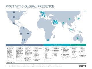 © 2016 Protiviti Inc. This material is the confidential property of Protiviti Inc. Copying or reproducing this material is strictly prohibited.
PROTIVITI’S GLOBAL PRESENCE
4
The Americas Europe/Middle East/Africa Asia-Pacific
1. UNITED STATES
Alexandria, VA
Atlanta, GA
Baltimore, MD
Boston, MA
Charlotte, NC
Chicago, IL
Cincinnati, OH
Cleveland, OH
Dallas, TX
Denver, CO
Ft. Lauderdale, FL
Houston, TX
Kansas City, KS
Los Angeles, CA
Milwaukee, WI
Minneapolis, MN
New York, NY
Orlando, FL
Philadelphia, PA
Phoenix, AZ
Pittsburgh, PA
Portland, OR
Richmond, VA
Sacramento, CA
Salt Lake City, UT
San Francisco, CA
San Jose, CA
Seattle, WA
Stamford, CT
St. Louis, MO
Tampa, FL
Washington, D.C.
Winchester, VA
Woodbridge, NJ
2. ARGENTINA*
Buenos Aires
3. BRAZIL*
Rio de Janeiro
São Paulo
4. CANADA
Kitchener-Waterloo
Toronto
5. CHILE*
Santiago
6. MEXICO*
Mexico City
Monterrey
7. PERU*
Lima
8. VENEZUELA*
Caracas
9. FRANCE
Paris
10. GERMANY
Frankfurt
Munich
11. ITALY
Milan
Rome
Turin
12. THE
NETHERLANDS
Amsterdam
13. UNITED
KINGDOM
London
14. BAHRAIN*
Manama
15. KUWAIT*
Kuwait
16. OMAN*
Muscat
17. QATAR*
Doha
18. UNITED ARAB
EMIRATES*
Abu Dhabi
Dubai
19. SAUDI ARABIA
Riyadh
20. SOUTH AFRICA
Johannesburg
21. AUSTRALIA
Brisbane
Canberra
Perth
Melbourne
Sydney
22. CHINA
Beijing
Hong Kong
Shanghai
Shenzhen
23. INDIA
Bangalore
Mumbai
New Delhi
24. JAPAN
Osaka
Tokyo
25. SINGAPORE
Singapore
*Protiviti Member Firm
21
25
23
22
24
4
6
2
3
5
7
9
10
11
1213
14
17
15
18
16
8
20
19
1
 