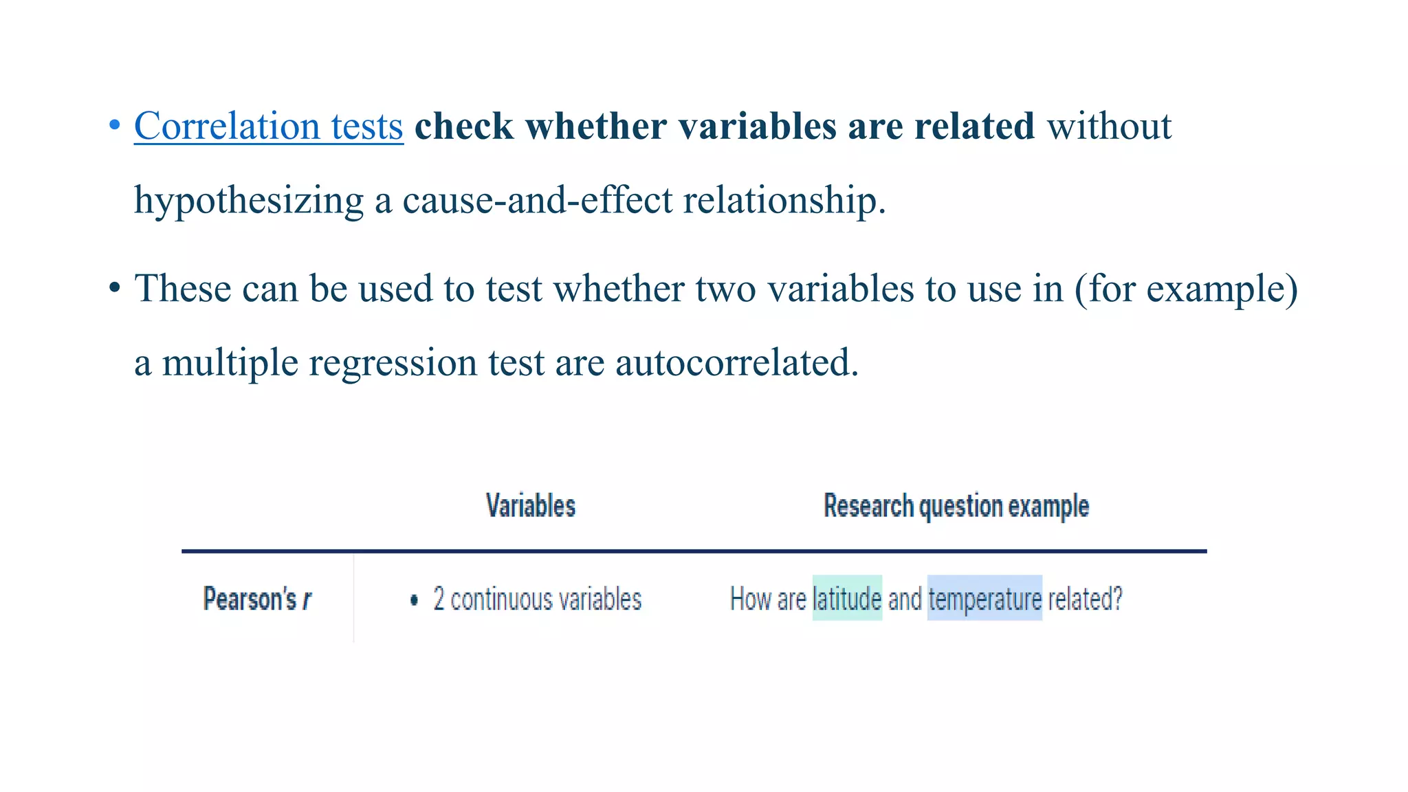 • Correlation tests check whether variables are related without
hypothesizing a cause-and-effect relationship.
• These can be used to test whether two variables to use in (for example)
a multiple regression test are autocorrelated.
 