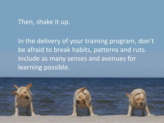 Then, shake it up. In the delivery of your training program, don’t be afraid to break habits, patterns and ruts. Include as many senses and avenues for learning possible.