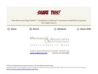 Post this to your blog, Twitter™, LinkedIn® or Delicious™ accounts or email this to someone who might enjoy it.ShareRemixAttributeShare Alike11639 E. Wethersfield Road, Scottsdale, AZ 85259 USAwww.mnalearning.com            Toll-free: 877-614-8440 © 2011by Michaels & Associates Docntrain, Ltd.dba Michaels & AssociatesCopyright holder is licensing this under the Creative Commons License, Attribution-Share Alike 3.0. For more information, check out http://creativecommons.org/licenses/by-sa/3.0/us/