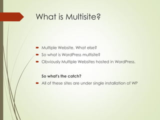 What is Multisite?


 Multiple Website. What else?
 So what is WordPress multisite?
 Obviously Multiple Websites hosted in WordPress.


   So what's the catch?
 All of these sites are under single installation of WP
 