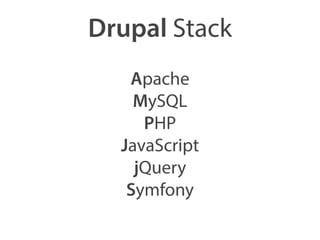 Drupal Stack 
Apache 
MySQL 
PHP 
JavaScript 
jQuery 
Symfony 
 