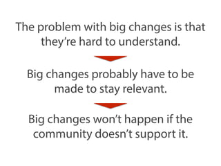 The problem with big changes is that 
they’re hard to understand. 
Big changes probably have to be 
made to stay relevant. 
Big changes won’t happen if the 
community doesn’t support it. 
 