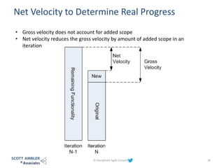Net Velocity to Determine Real Progress
© Disciplined Agile Consortium 26
• Gross velocity does not account for added scope
• Net velocity reduces the gross velocity by amount of added scope in an
iteration
 