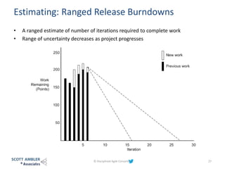 Estimating: Ranged Release Burndowns
• A ranged estimate of number of iterations required to complete work
• Range of uncertainty decreases as project progresses
© Disciplined Agile Consortium 27
 