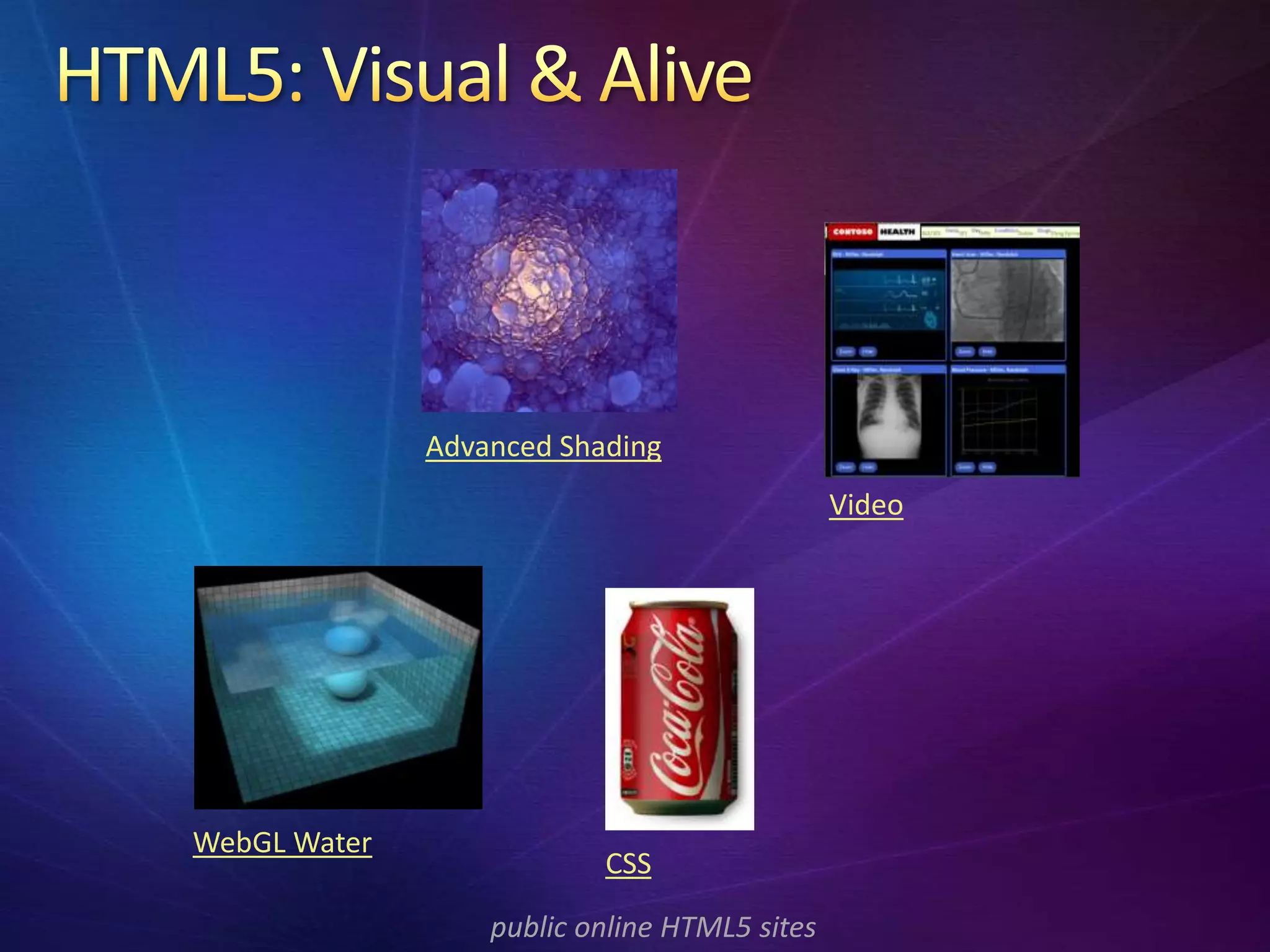 Advanced Shading
                                              Video




WebGL Water
                          CSS

                  public online HTML5 sites
 
