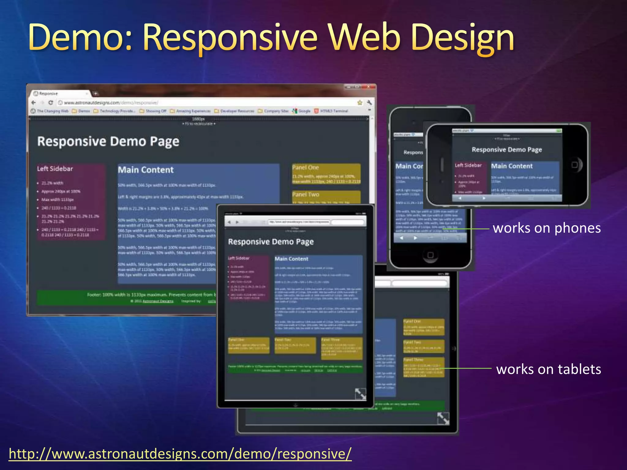 works on phones




                                                   works on tablets




http://www.astronautdesigns.com/demo/responsive/
 