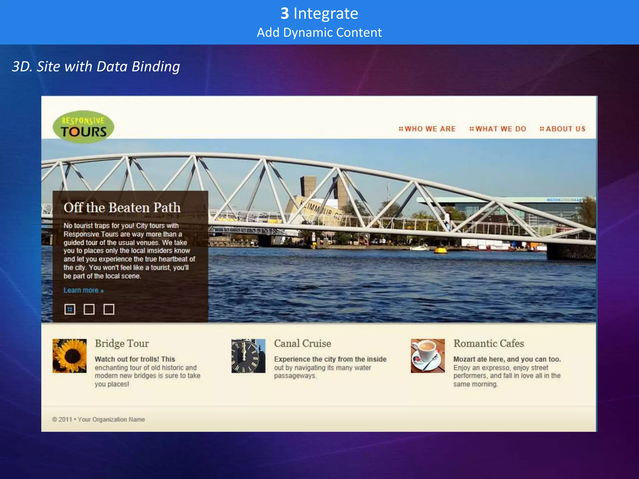 3 Integrate
                             Add Dynamic Content

3D. Site with Data Binding
 