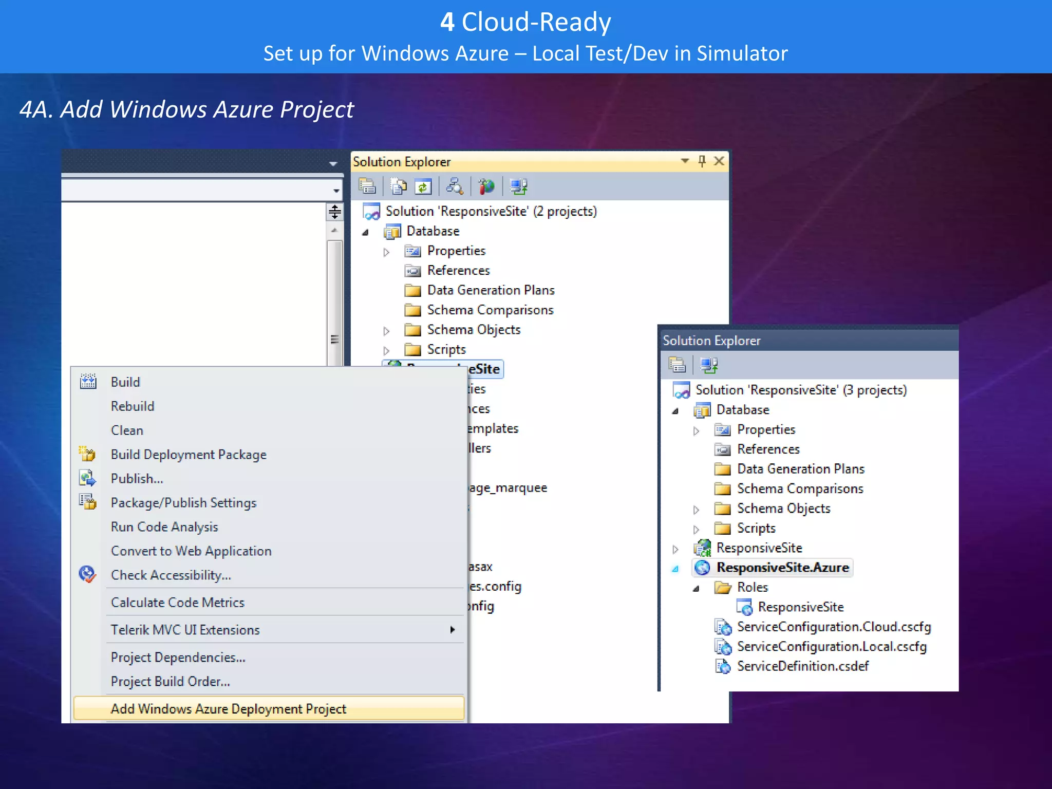 4 Cloud-Ready
                     Set up for Windows Azure – Local Test/Dev in Simulator

4A. Add Windows Azure Project
 
