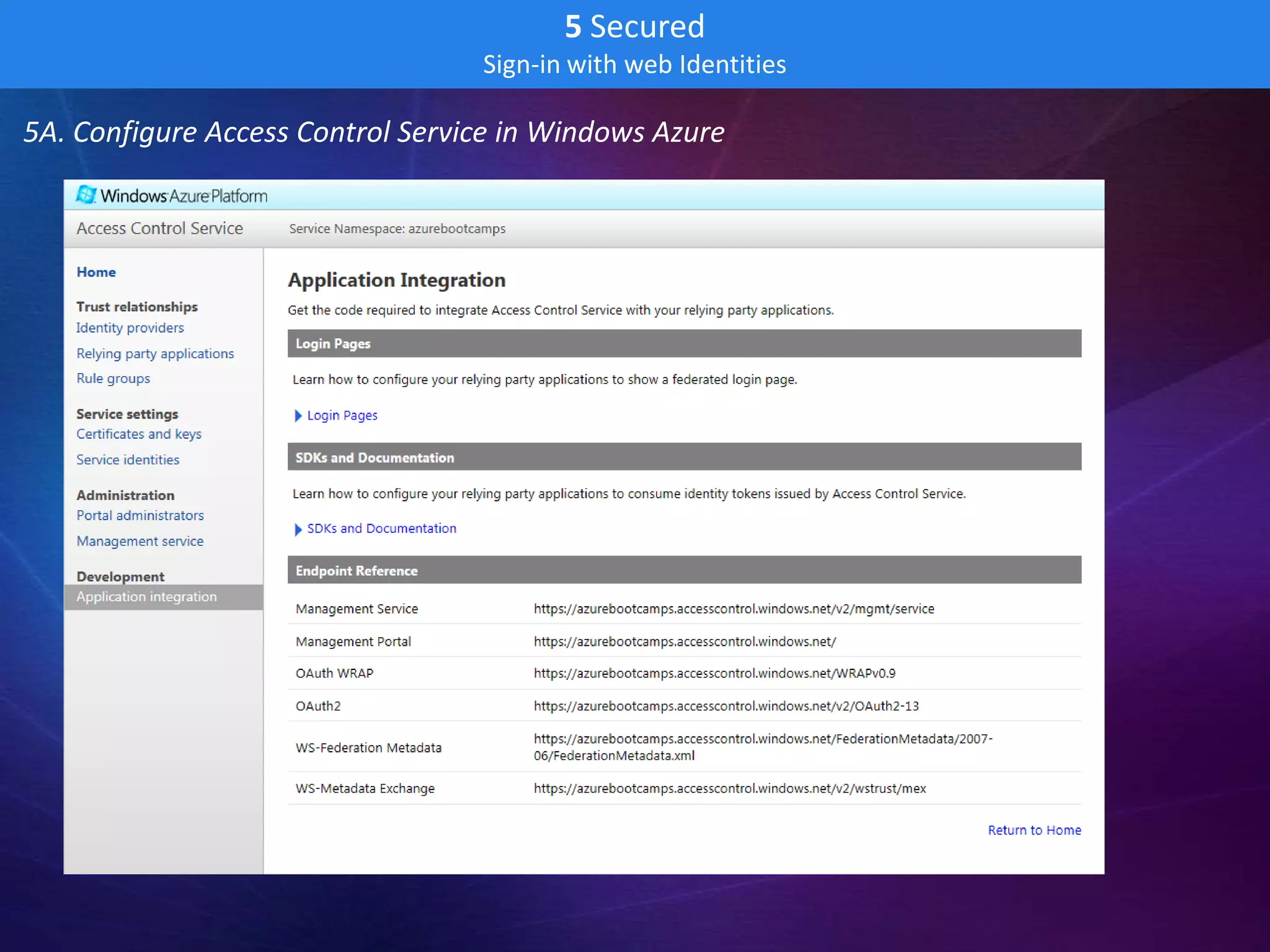 5 Secured
                                  Sign-in with web Identities

5A. Configure Access Control Service in Windows Azure
 