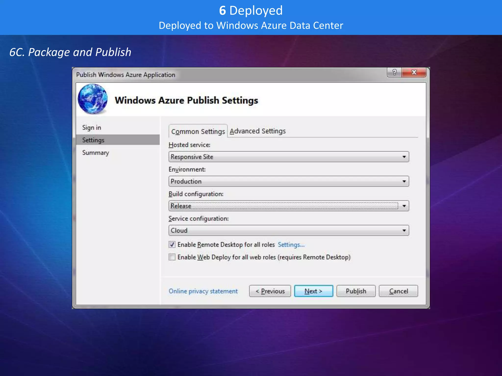 6 Deployed
                          Deployed to Windows Azure Data Center

6C. Package and Publish
 