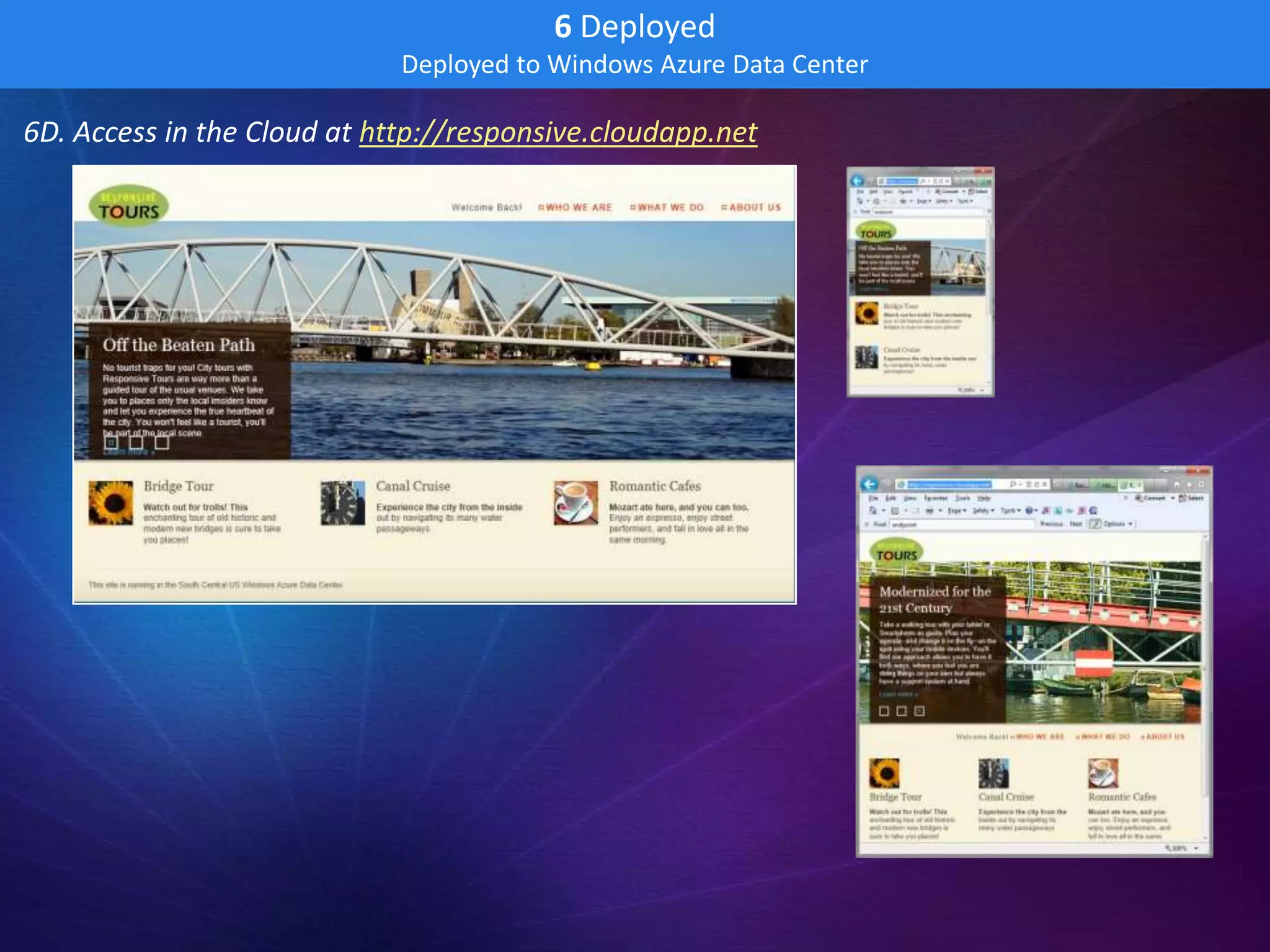 6 Deployed
                             Deployed to Windows Azure Data Center

6D. Access in the Cloud at http://responsive.cloudapp.net
 