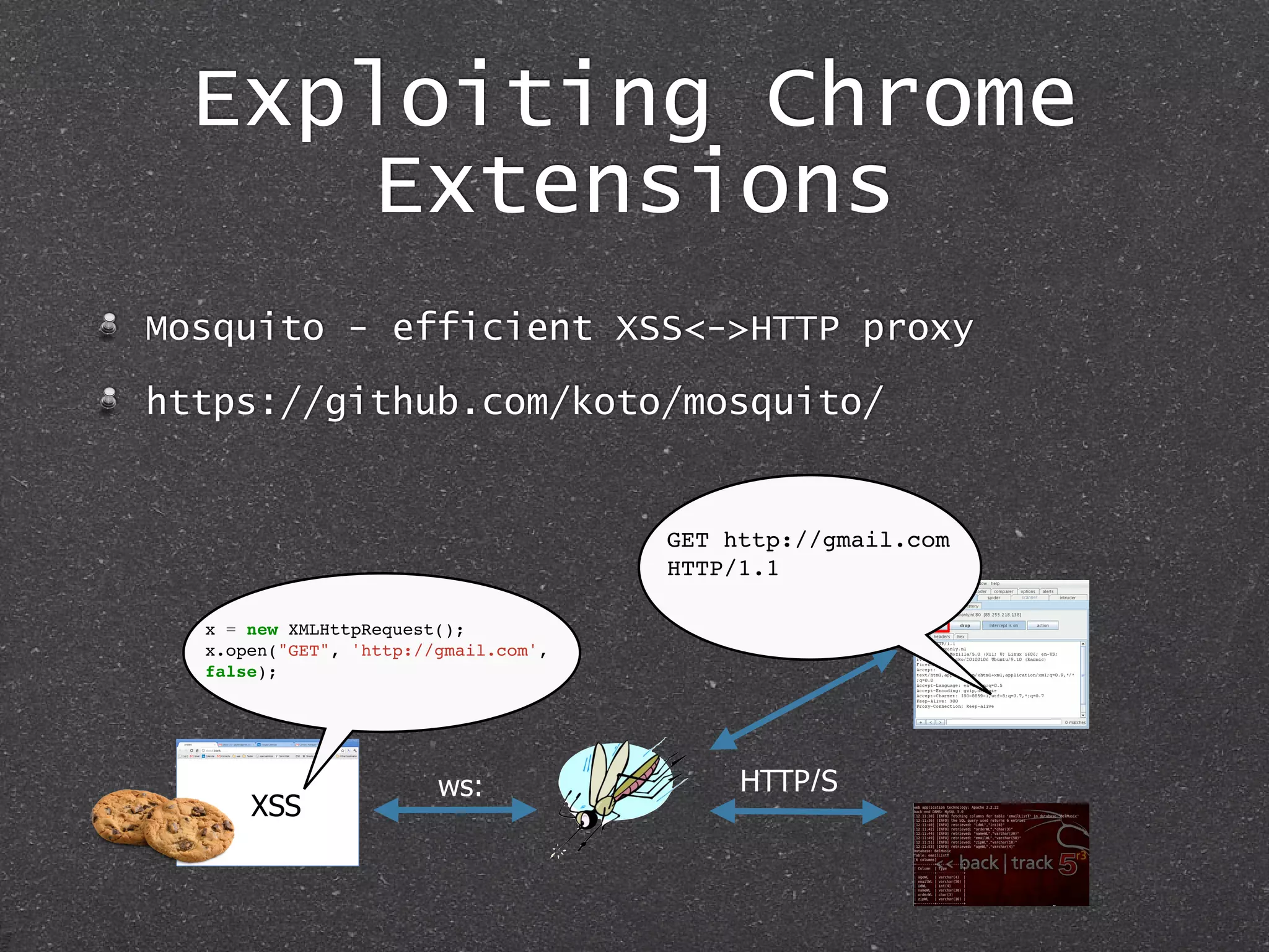 Exploiting Chrome
Extensions
XSS
ws: HTTP/S
x = new XMLHttpRequest();
x.open("GET", 'http://gmail.com',
false);
GET http://gmail.com
HTTP/1.1
Mosquito - efficient XSS<->HTTP proxy
https://github.com/koto/mosquito/
 