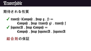 Traversable
期待される性質
✔ traverse (Compose . fmap g . f) =
Compose . fmap (traverse g) . traverse f
✔ sequenceA . fmap Compose =
Compose . fmap sequenceA . sequenceA
結合則の保証
 