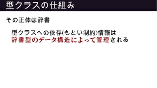 型クラスの仕組み
その正体は辞書
型クラスへの依存(もとい制約)情報は
のデータ によって辞書型 構造 管理される
 