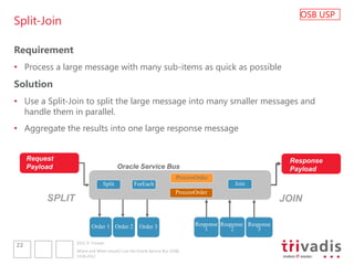 OSB USP
Split-Join

Requirement
• Process a large message with many sub-items as quick as possible
Solution
• Use a Split-Join to split the large message into many smaller messages and
  handle them in parallel.
• Aggregate the results into one large response message


     Request                                                                                                 Response
     Payload                            Oracle Service Bus                                                   Payload
                                                                        ProcessOrder
                                Split            ForEach        15                          Join
                                                                       ProcessOrder
          SPLIT                                                                                             JOIN

                          Order 1 Order 2           Order 3                    Response Response Response
                                                                                  1         2       3

                  2012 © Trivadis
22
                  Where and When should I use the Oracle Service Bus (OSB)
                  14.06.2012
 