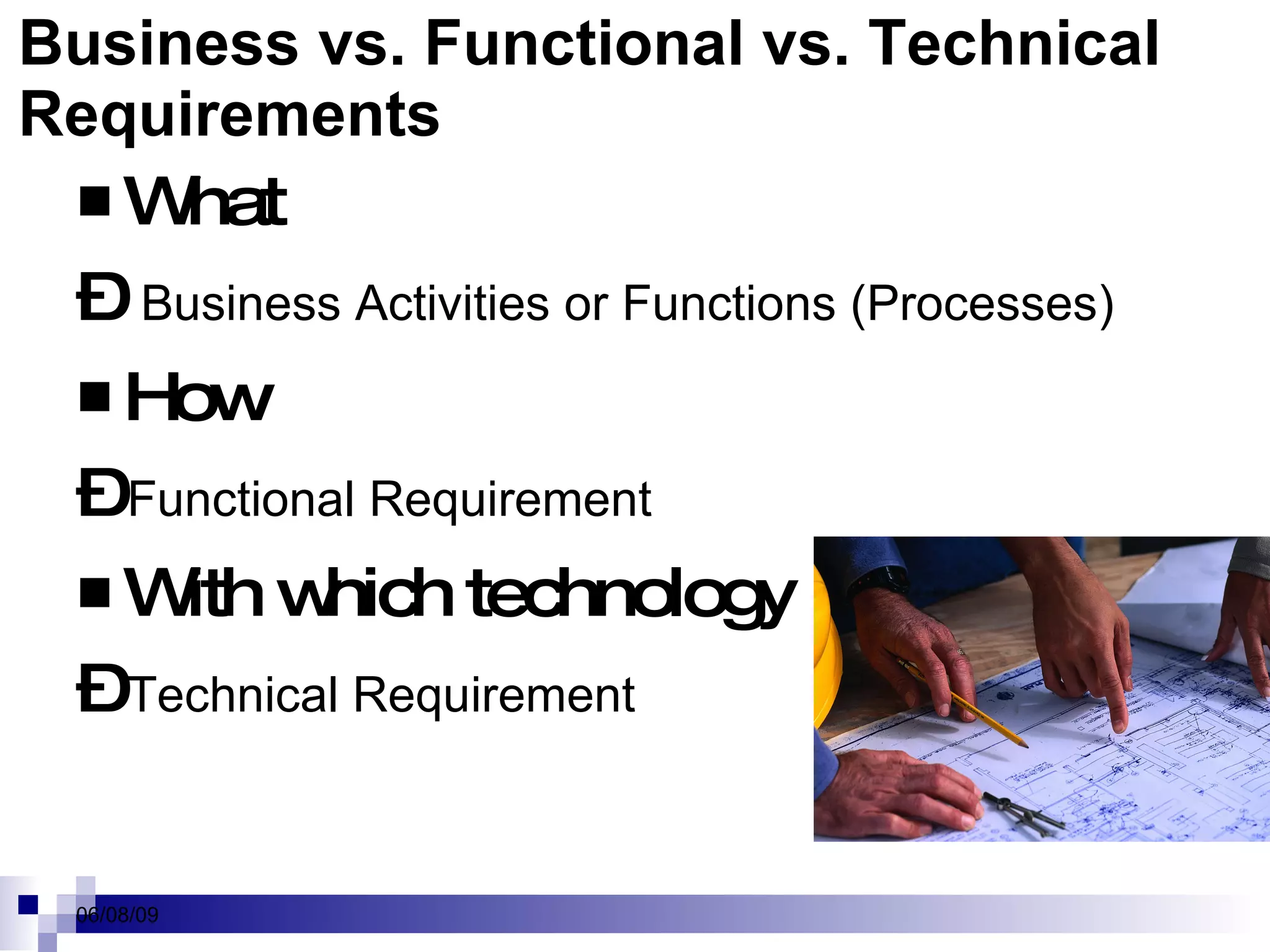 Business vs. Functional vs. Technical Requirements What  –   Business Activities or Functions (Processes) How  –   Functional Requirement  With which technology  –   Technical Requirement 
