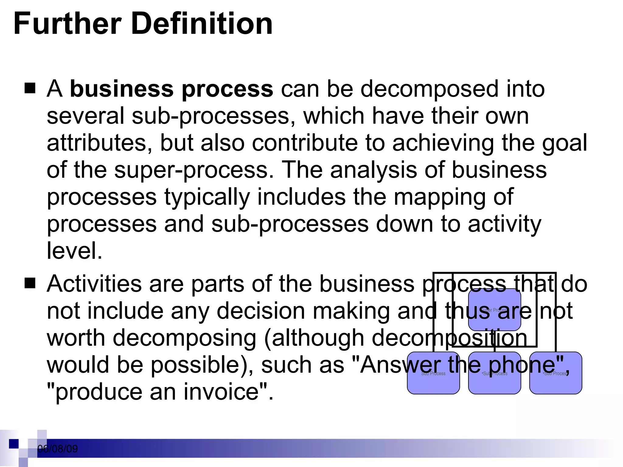 Further Definition A  business process  can be decomposed into several sub-processes, which have their own attributes, but also contribute to achieving the goal of the super-process. The analysis of business processes typically includes the mapping of processes and sub-processes down to activity level. Activities are parts of the business process that do not include any decision making and thus are not worth decomposing (although decomposition would be possible), such as "Answer the phone", "produce an invoice". Super Process Sub Process Sub Process Sub Process 