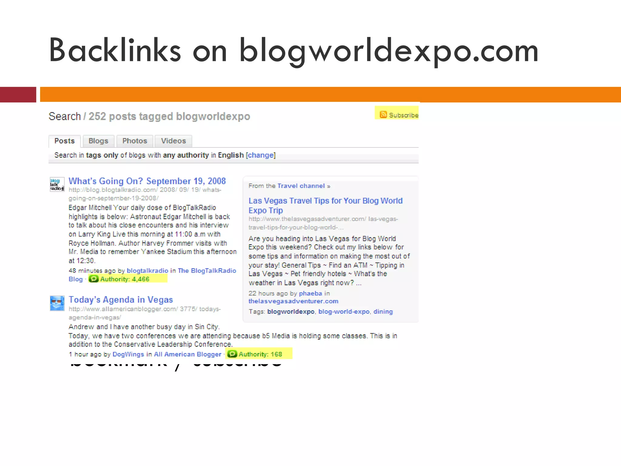 Backlinks on blogworldexpo.com bookmark / subscribe 