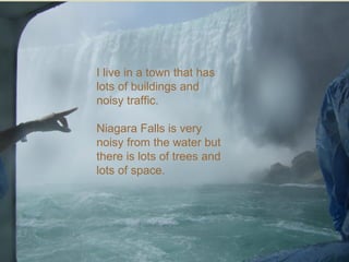 I live in a town that has lots of buildings and noisy traffic. Niagara Falls is very noisy from the water but there is lots of trees and lots of space.  