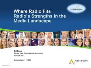 Where Radio Fits
                       Radio’s Strengths in the
                       Media Landscape




                       Bill Rose
                       Senior Vice President of Marketing
                       Arbitron Inc.

                       September 21, 2012

© 2012 Arbitron Inc.
 