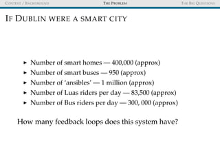 CONTEXT / BACKGROUND THE PROBLEM THE BIG QUESTIONS
IF DUBLIN WERE A SMART CITY
Number of smart homes — 400,000 (approx)
Number of smart buses — 950 (approx)
Number of ‘ansibles’ — 1 million (approx)
Number of Luas riders per day — 83,500 (approx)
Number of Bus riders per day — 300, 000 (approx)
How many feedback loops does this system have?
 