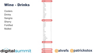 @patrickstox
@ahrefs
Wine - Drinks
Coolers
Drinks
Sangria
Sherry
Fortified
Mulled
 