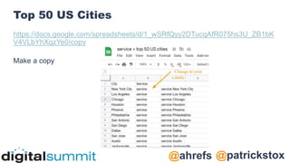 @patrickstox
@ahrefs
Top 50 US Cities
https://docs.google.com/spreadsheets/d/1_wSRfQyy2DTucqAfR075hs3U_ZB1bK
V4VLbYhXqzYe0/copy
Make a copy
 