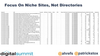 @patrickstox
@ahrefs
Focus On Niche Sites, Not Directories
Keyword URL Country Difficulty Volume Clicks CPS Return Rate
Parent Topic
Parent Topic Volume
Last Update
Referring Domains
Domain rating
Ahrefs Rank
Traffic Keywords
accountant seattle https://www.yelp.com/search?find_desc=tax+accountant&find_loc=Seattle%2C+WA
us 1 250 accountant seattle
250 ######## 0 94 50 205 10
accountant seattle https://www.seattlecpaprofessionals.com/ us 1 250 accountant seattle
250 ######## 21 1 51894760 241 49
accountant seattle https://www.indeed.com/q-Accounting-l-Seattle,-WA-jobs.html us 1 250 accountant seattle
250 ######## 11 90 689 356 21
accountant seattle https://www.indeed.com/q-Tax-Accountant-l-Seattle,-WA-jobs.htmlus 1 250 accountant seattle
250 ######## 1 90 689 46 9
accountant seattle https://www.glassdoor.com/Job/seattle-accountant-jobs-SRCH_IL.0,7_IC1150505_KO8,18.htm
us 1 250 accountant seattle
250 ######## 5 90 1020 128 32
accountant seattle https://www.ziprecruiter.com/Jobs/Accountant/-in-Seattle,WA us 1 250 accountant seattle
250 ######## 2 85 3800 74 19
accountant seattle https://www.expertise.com/wa/seattle/accountant-cpa us 1 250 accountant seattle
250 ######## 5 86 2890 149 46
accountant seattle https://www.angieslist.com/companylist/seattle/accountants.htm us 1 250 accountant seattle
250 ######## 0 91 516 36 21
accountant seattle https://www.upwork.com/l/us/accountants-in-seattle-wa/ us 1 250 accountant seattle
250 ######## 1 90 1122 12 38
accountant seattle https://www.monster.com/jobs/q-accounting-jobs-l-seattle-wa us 1 250 accountant seattle
250 ######## 3 87 2673 44 37
accountant las vegas https://www.yelp.com/search?find_desc=Small+Business+Accountant&find_loc=Las+Vegas%2C+NV
us 2 200 accountant las vegas
200 ######## 1 94 50 103 17
accountant las vegas https://www.yelp.com/search?cflt=accountants&find_loc=Las+Vegas%2C+NV
us 2 200 accountant las vegas
200 ######## 0 94 50 118 15
accountant las vegas https://www.expertise.com/nv/las-vegas/accountant-cpa us 2 200 accountant las vegas
200 ######## 6 86 2890 158 65
accountant las vegas https://llbcpa.com/las-vegas-small-business-accountant/ us 2 200 accountant las vegas
200 ######## 11 12 15313035 66 116
accountant las vegas https://www.indeed.com/q-Accounting-l-Las-Vegas,-NV-jobs.html us 2 200 accountant las vegas
200 ######## 7 90 689 411 23
accountant las vegas https://www.indeed.com/q-Tax-Accountant-l-Las-Vegas,-NV-jobs.html
us 2 200 accountant las vegas
200 ######## 0 90 689 16 4
accountant las vegas https://clutch.co/accounting/las-vegas us 2 200 accountant las vegas
200 ######## 0 87 2766 247 45
accountant las vegas https://www.ziprecruiter.com/Jobs/Accountant/-in-Las-Vegas,NV us 2 200 accountant las vegas
200 ######## 2 85 3800 100 18
accountant las vegas https://www.angieslist.com/companylist/las-vegas/accountants.htm
us 2 200 accountant las vegas
200 ######## 0 91 516 22 39
accountant las vegas https://www.glassdoor.com/Job/las-vegas-accountant-jobs-SRCH_IL.0,9_IC1149603_KO10,20.htm
us 2 200 accountant las vegas
200 ######## 1 90 1020 123 33
accountant chicago https://www.yelp.com/search?find_desc=personal+accountant&find_loc=Chicago%2C+IL
us 12 200 accountant chicago
200 ######## 1 94 50 0 15
accountant chicago https://www.yelp.com/search?find_desc=Tax+Accountant&find_loc=Chicago%2C+IL
us 12 200 accountant chicago
200 ######## 0 94 50 114 14
accountant chicago https://www.chicago-accountant.com/ us 12 200 accountant chicago
200 ######## 38 2 42022825 74 64
accountant chicago https://www.expertise.com/il/chicago/accountant-cpa us 12 200 accountant chicago
200 ######## 7 86 2890 257 67
accountant chicago https://cpa-in-chicago.com/ us 12 200 accountant chicago
200 ######## 34 2 47994870 131 73
 
