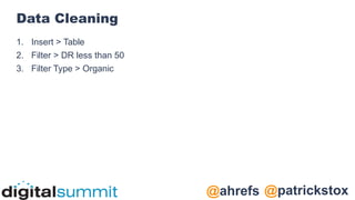 @patrickstox
@ahrefs
Data Cleaning
1. Insert > Table
2. Filter > DR less than 50
3. Filter Type > Organic
 