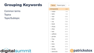 @patrickstox
@ahrefs
Grouping Keywords
Common terms
Topics
Topic/Subtopic
 