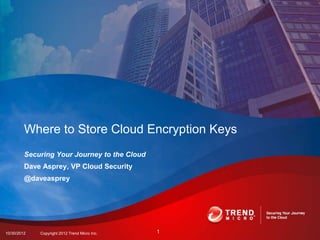 Where to Store Cloud Encryption Keys
         Securing Your Journey to the Cloud
         Dave Asprey, VP Cloud Security
         @daveasprey




                                                   1
10/30/2012   Copyright 2012 Trend Micro Inc.   1
 