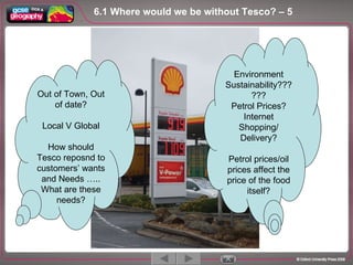 6.1 Where would we be without Tesco? – 5 1 / 5 Out of Town, Out of date? Local V Global How should Tesco reposnd to customers’ wants and Needs ….. What are these needs? Environment Sustainability?????? Petrol Prices? Internet Shopping/ Delivery? Petrol prices/oil prices affect the price of the food itself? 