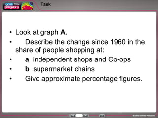 Task Look at graph  A . Describe the change since 1960 in the share of people shopping at: a   independent shops and Co-ops b   supermarket chains Give approximate percentage figures. 