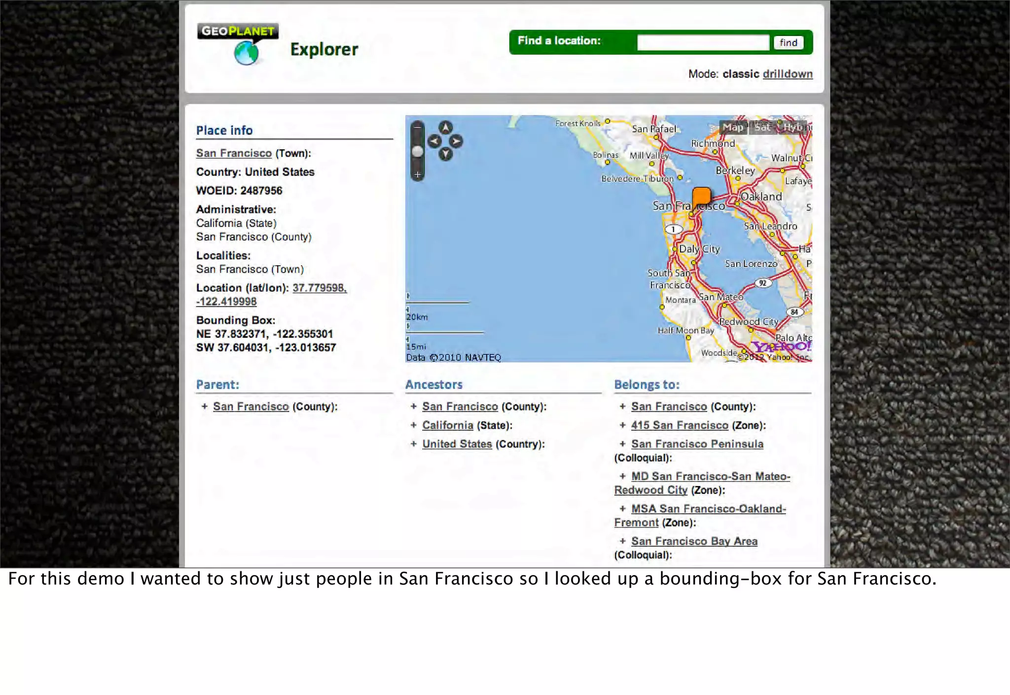 For this demo I wanted to show just people in San Francisco so I looked up a bounding-box for San Francisco.
 