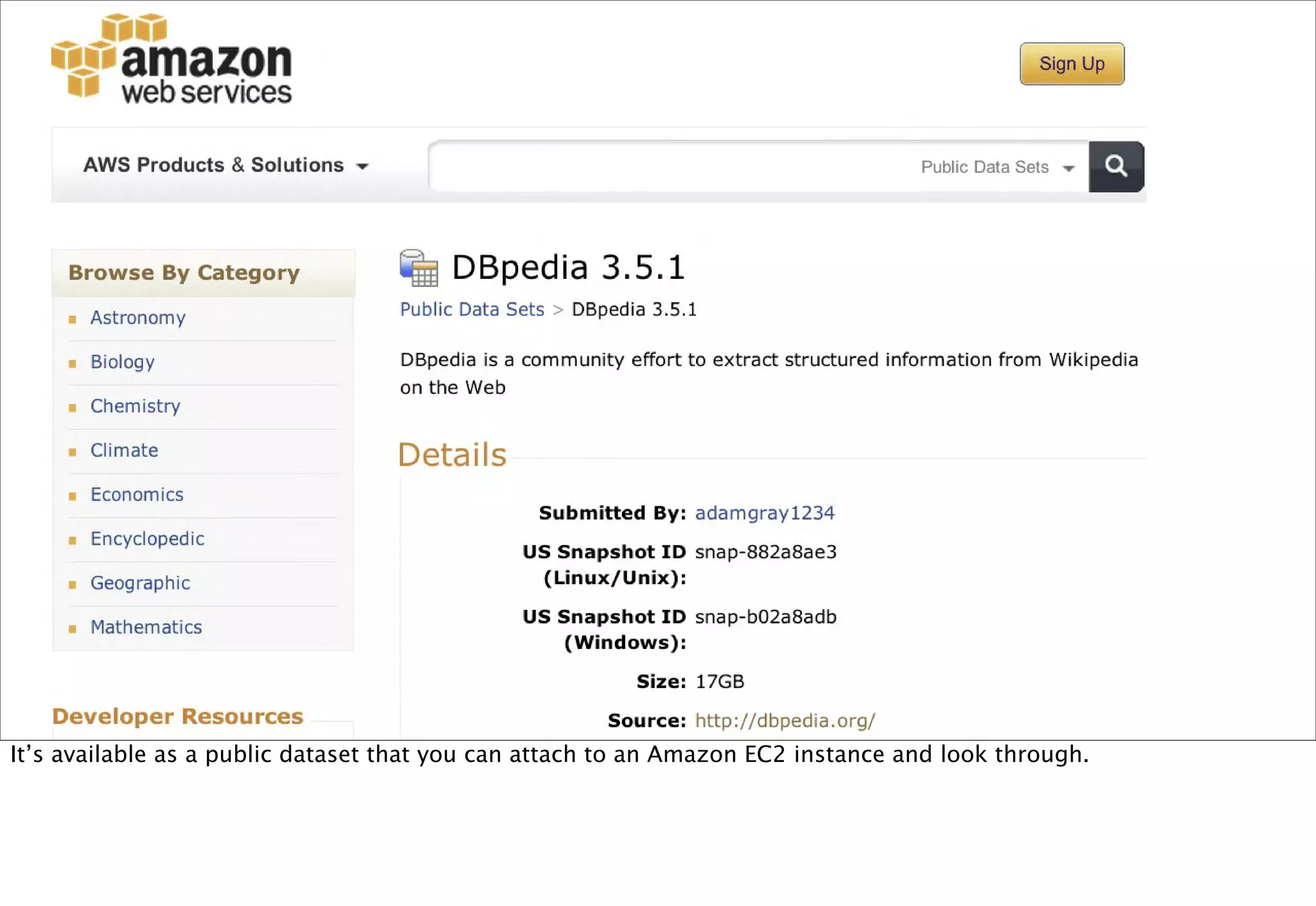 It’s available as a public dataset that you can attach to an Amazon EC2 instance and look through.
 